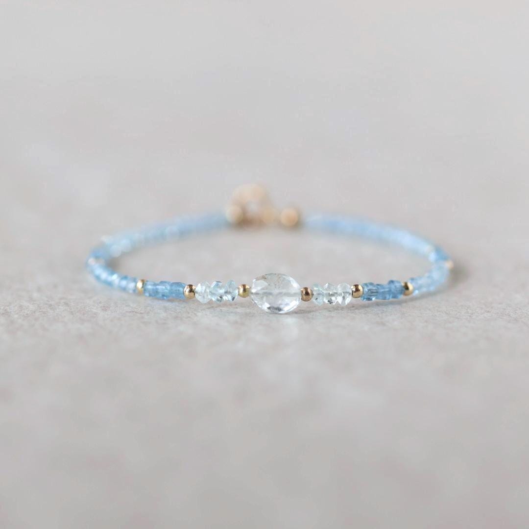 Tiny Aquamarine Bracelet Dainty Gold Filled Gemstone Beaded Bracelet Blue Crystal Jewelry Minimalist March Birthstone Bridesmaid Gift Idea