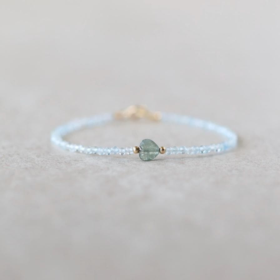 Tiny Moss Aquamarine Bracelet Dainty Heart Gemstone Beaded Bracelet Blue Crystal Minimalist Jewelry March Birthstone Birthday Gift for Women
