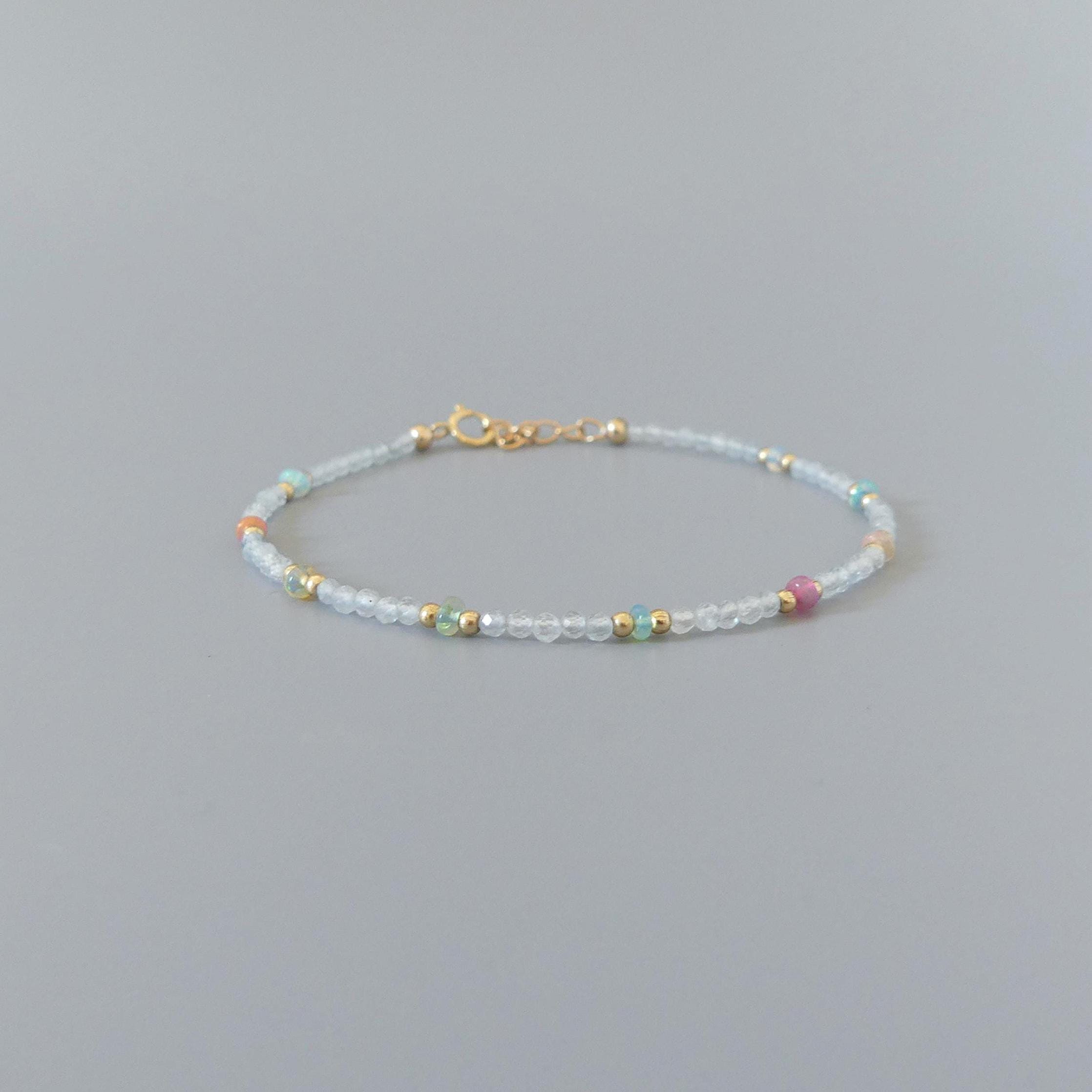 Tiny Pastel Opal Bracelet Dainty Aquamarine Gold Filled Beaded Minimalist Jewelry Birthstone Bracelet Mom Birthday Gift Wife Mom Bridesmaid