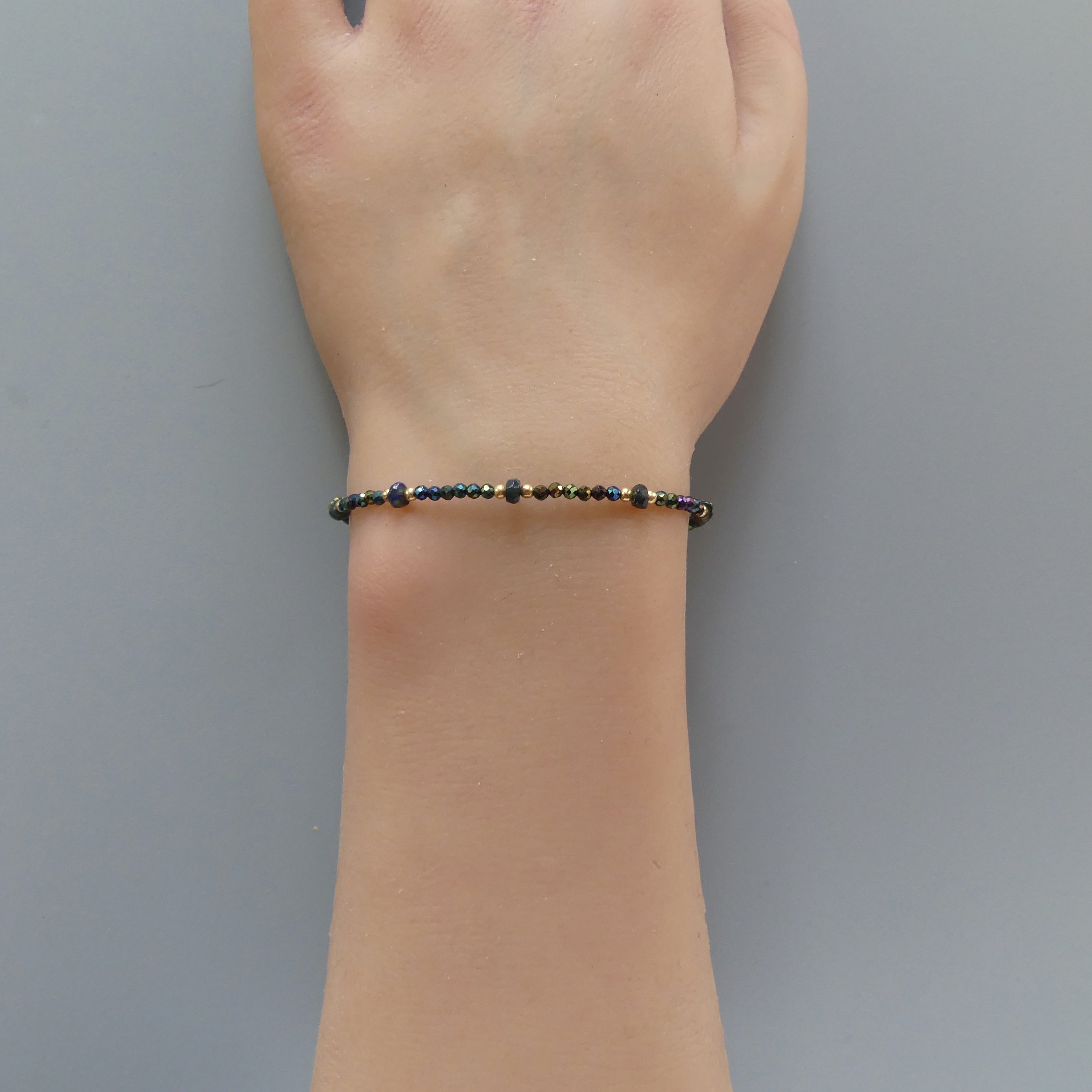 Tiny Mystic Black Spinel Bracelet Dainty Black Opal Gold Filled Bracelet Sparkly Black Crystal Jewelry Minimalist October Birthstone Gift