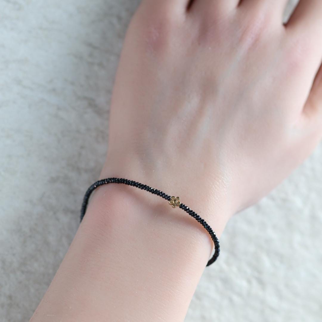 Tiny Black Spinel Bracelet with Flower Charm