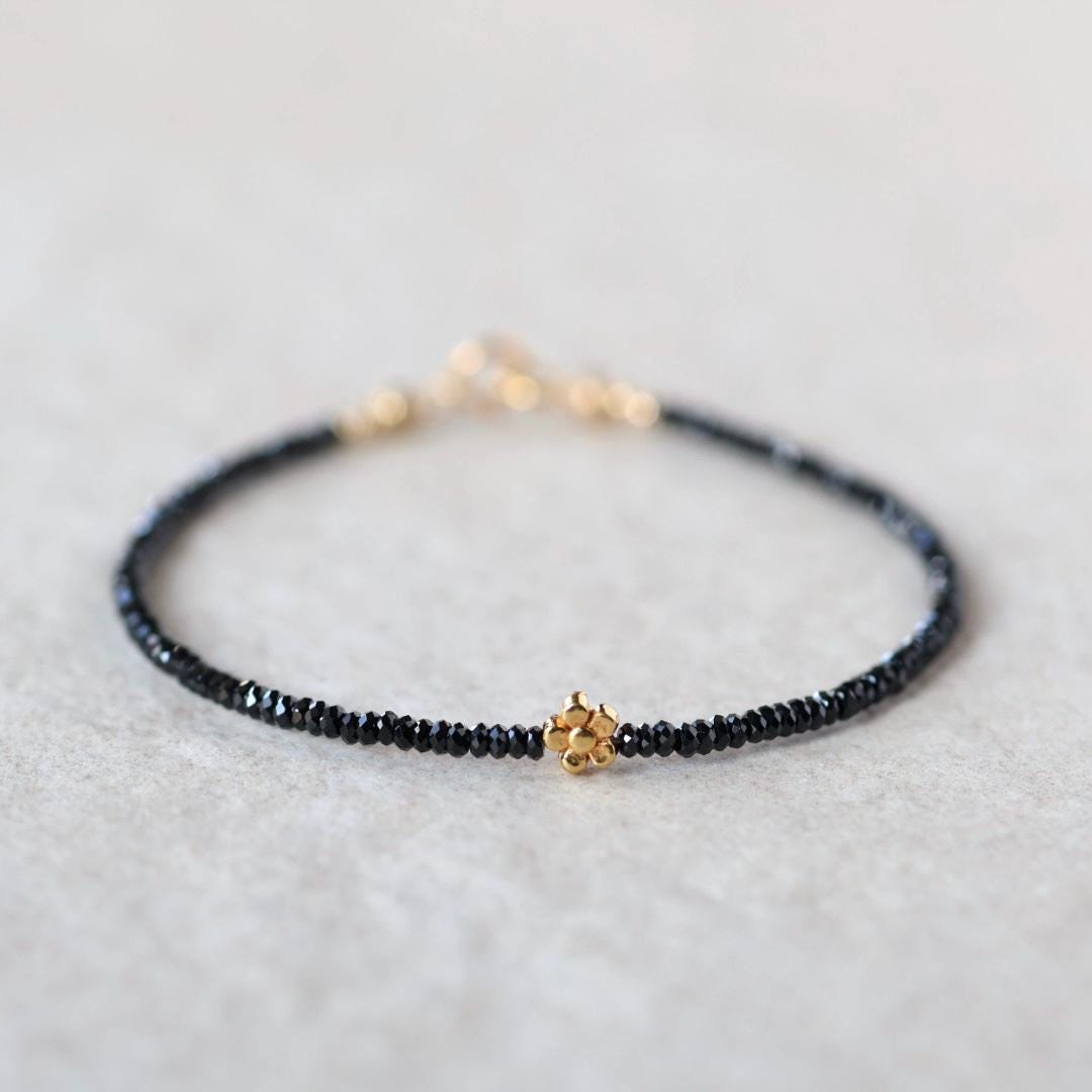 Tiny Black Spinel Bracelet with Flower Charm