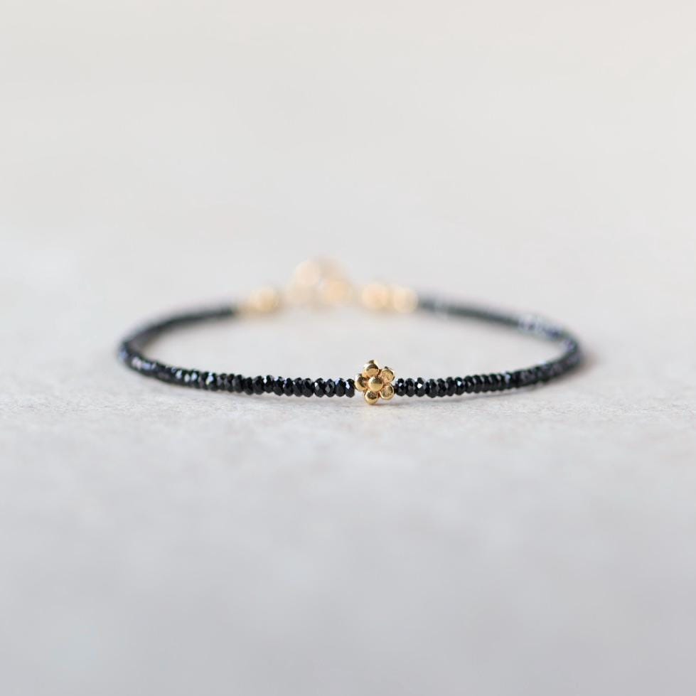 Tiny Black Spinel Bracelet with Flower Charm
