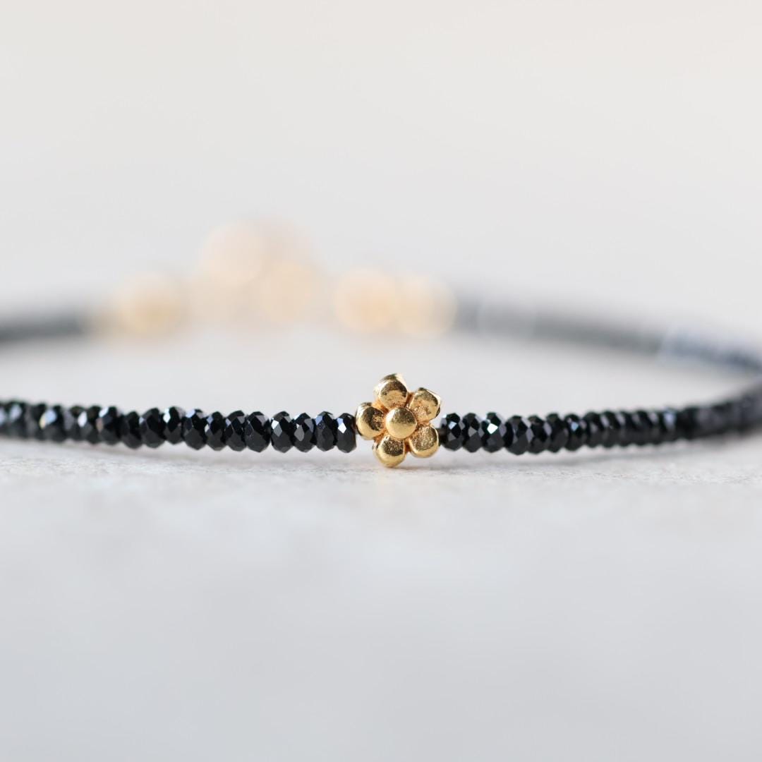 Tiny Black Spinel Bracelet with Flower Charm