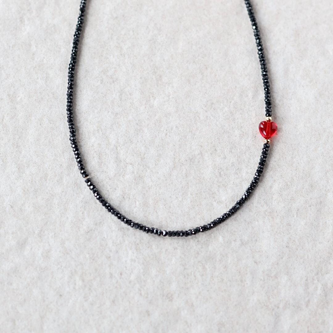 Tiny Black Tourmaline Necklace Beaded Red Heart Choker Layering Simple Necklace Minimalist Jewelry Gift Valentines Galentines Girlfriend