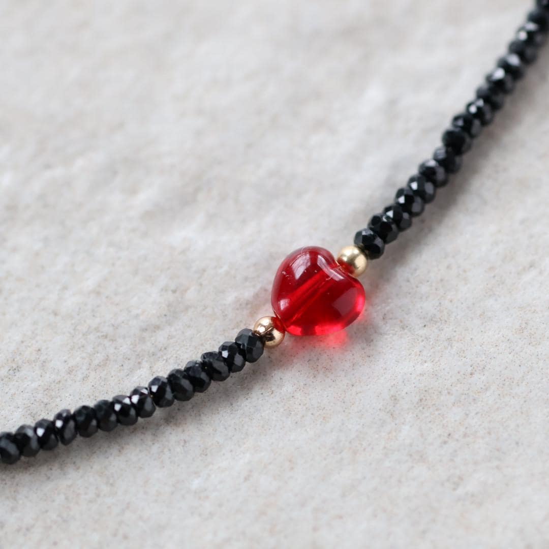 Tiny Black Tourmaline Necklace Beaded Red Heart Choker Layering Simple Necklace Minimalist Jewelry Gift Valentines Galentines Girlfriend