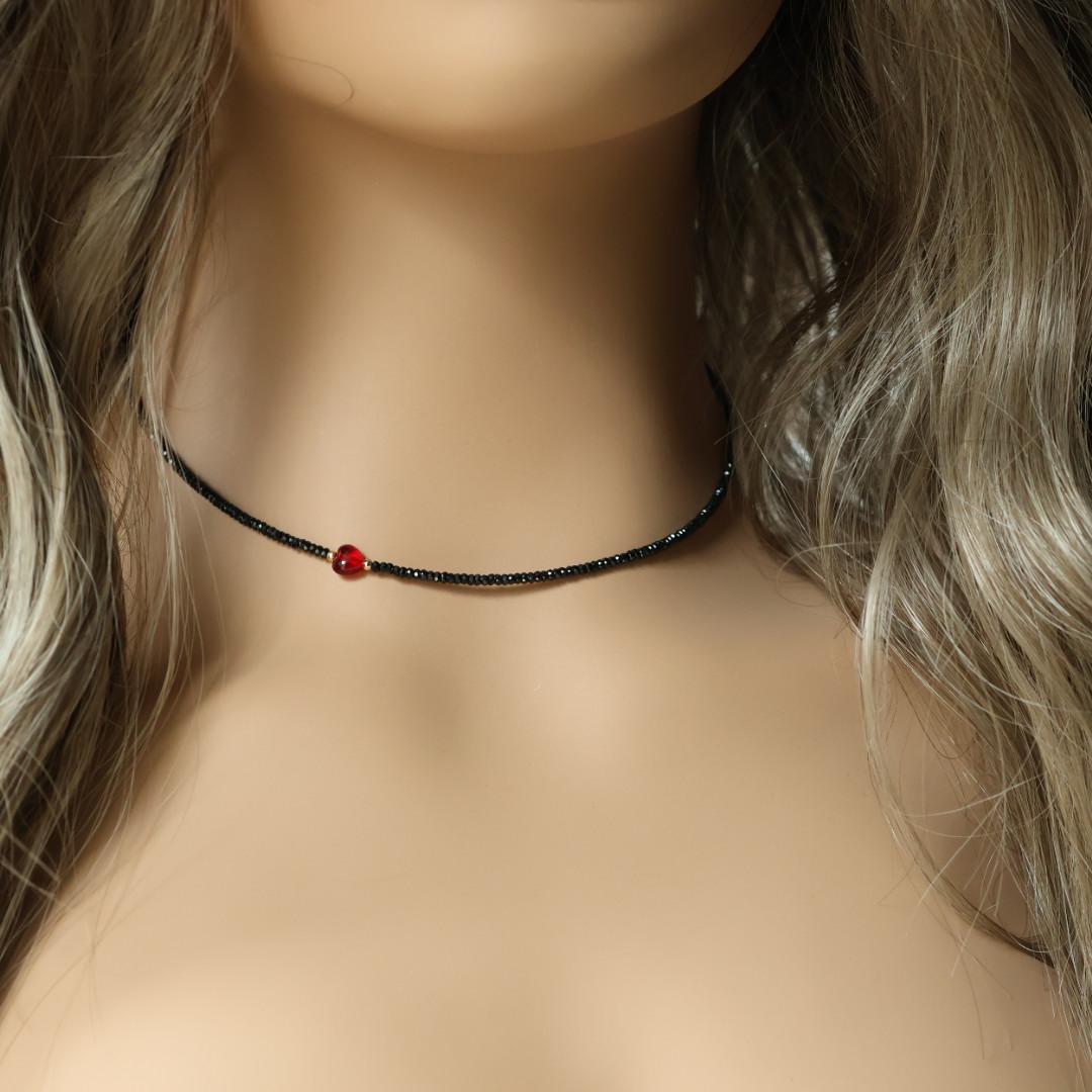 Tiny Black Tourmaline Necklace Beaded Red Heart Choker Layering Simple Necklace Minimalist Jewelry Gift Valentines Galentines Girlfriend