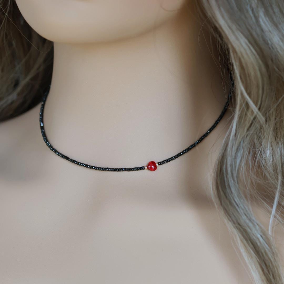 Tiny Black Tourmaline Necklace Beaded Red Heart Choker Layering Simple Necklace Minimalist Jewelry Gift Valentines Galentines Girlfriend