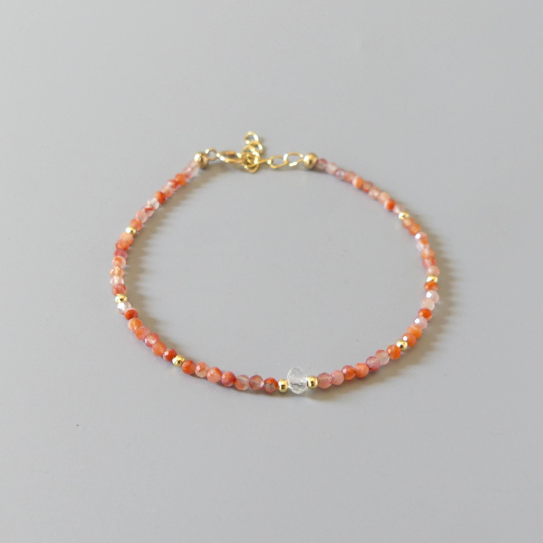 Tiny Carnelian Bracelet Dainty Gemstone Beaded Bracelet Sparkly Orange Crystal Bracelet Stackable Abundance Gift Birthday For Women Wife Mom