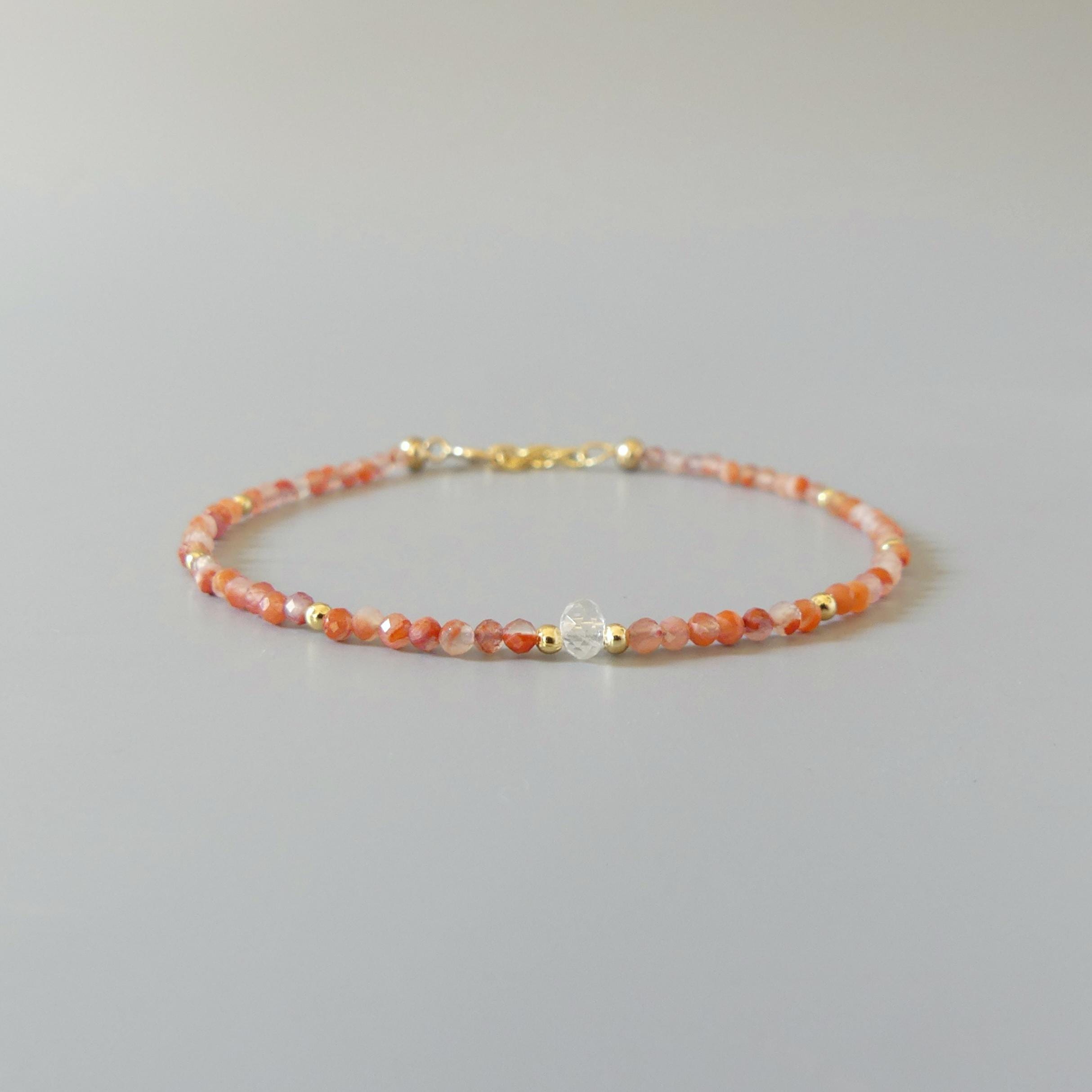 Tiny Carnelian Bracelet Dainty Gemstone Beaded Bracelet Sparkly Orange Crystal Bracelet Stackable Abundance Gift Birthday For Women Wife Mom