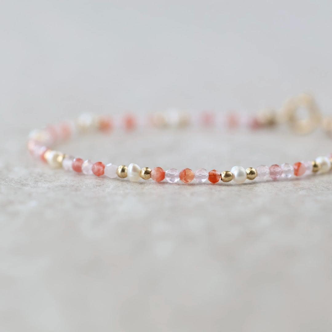 Tiny Carnelian, Rose Quartz, and Pearl Bracelet