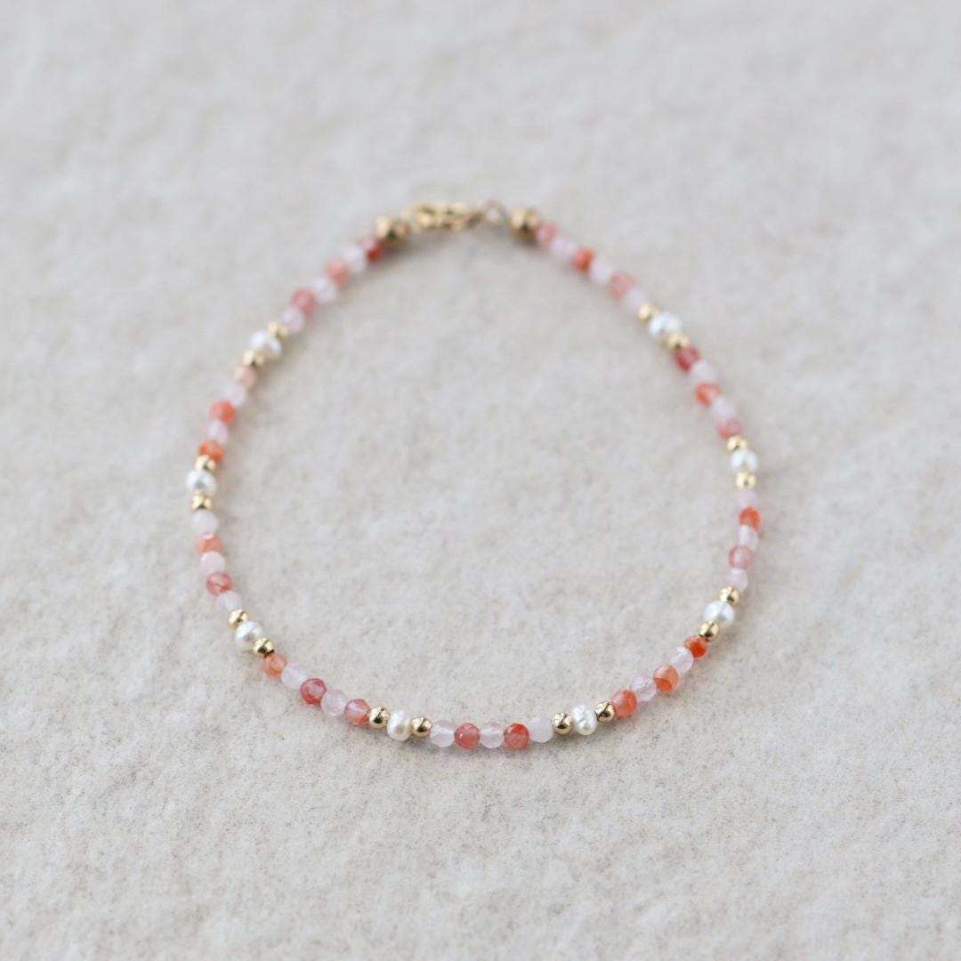 Tiny Carnelian, Rose Quartz, and Pearl Bracelet