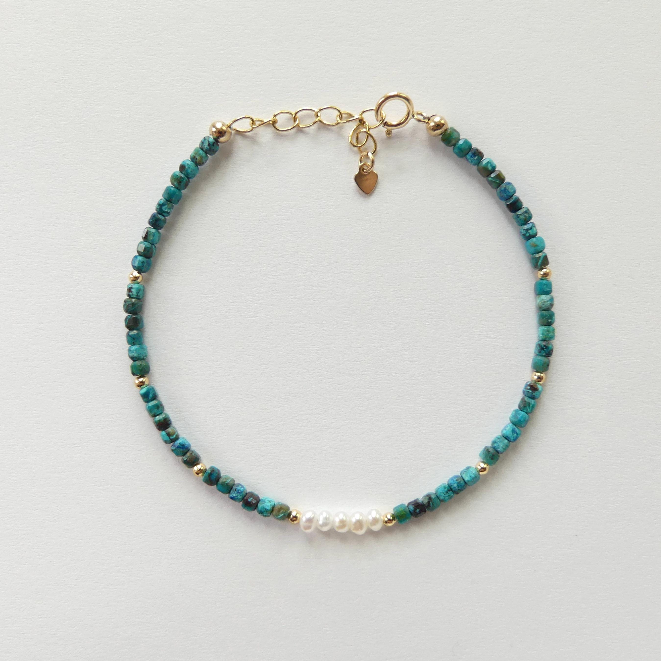 Tiny Chrysocolla Bracelet Pearl Dainty Bracelet Gemstone Beaded Jewelry Minimalist Teal Crystal Bracelet Birthday Gift Mom Wife Gift Sister