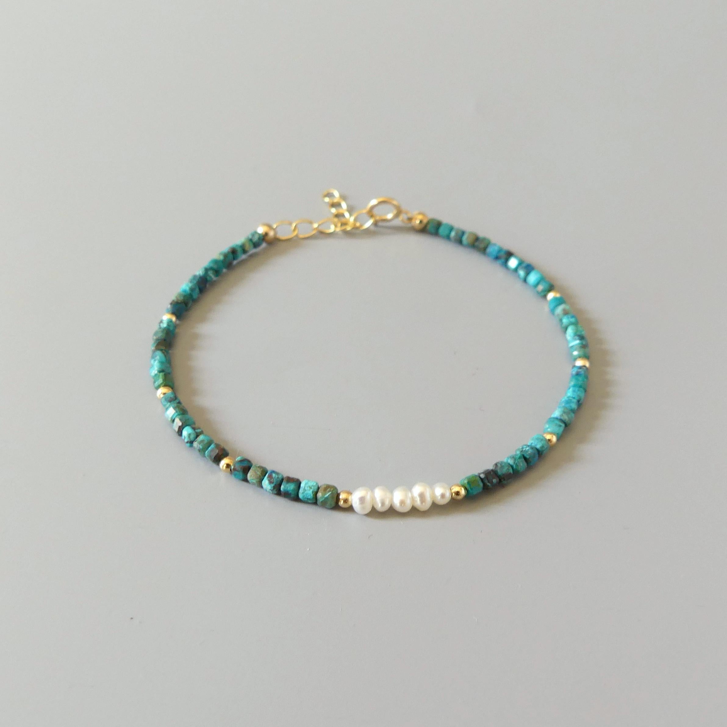Tiny Chrysocolla Bracelet Pearl Dainty Bracelet Gemstone Beaded Jewelry Minimalist Teal Crystal Bracelet Birthday Gift Mom Wife Gift Sister