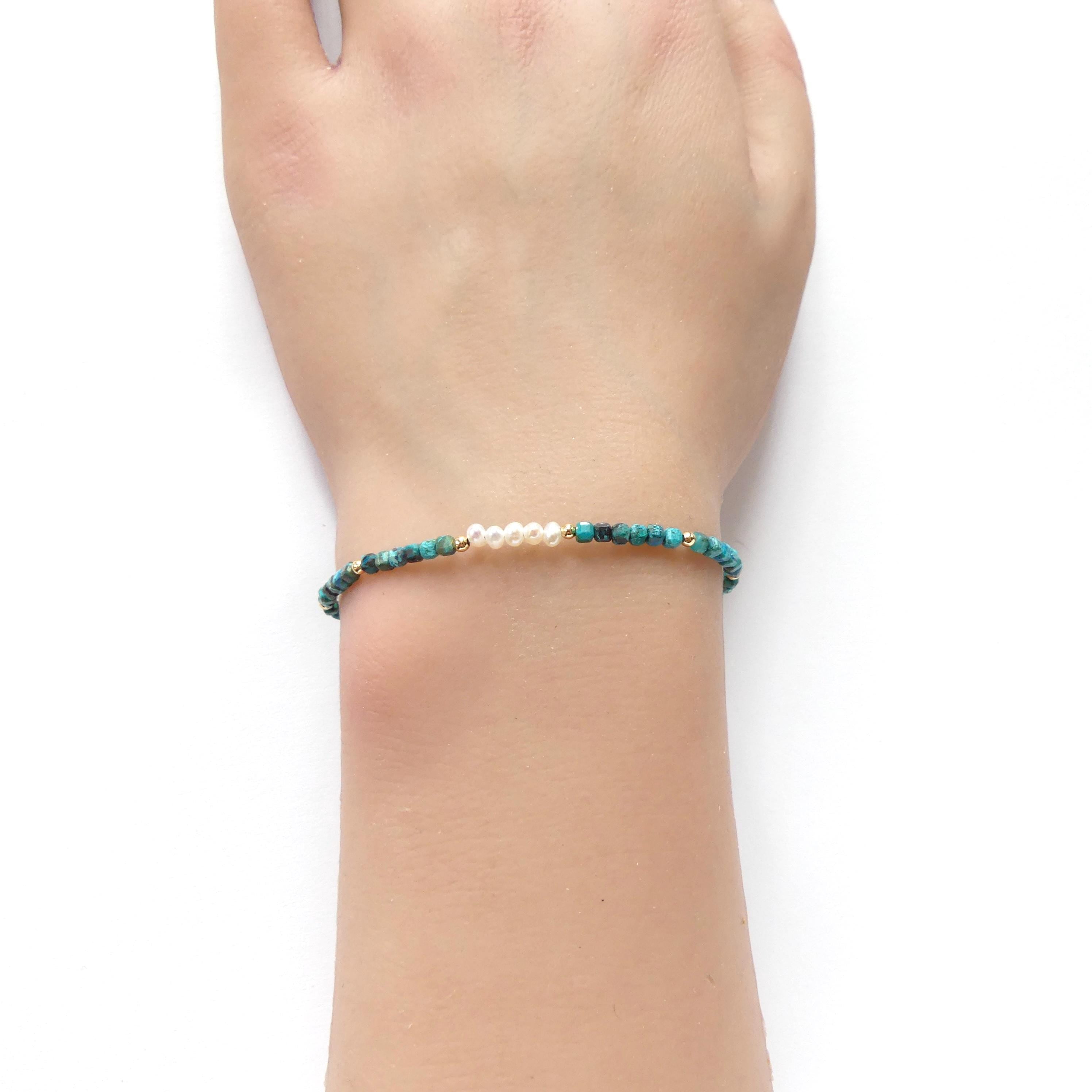 Tiny Chrysocolla Bracelet Pearl Dainty Bracelet Gemstone Beaded Jewelry Minimalist Teal Crystal Bracelet Birthday Gift Mom Wife Gift Sister