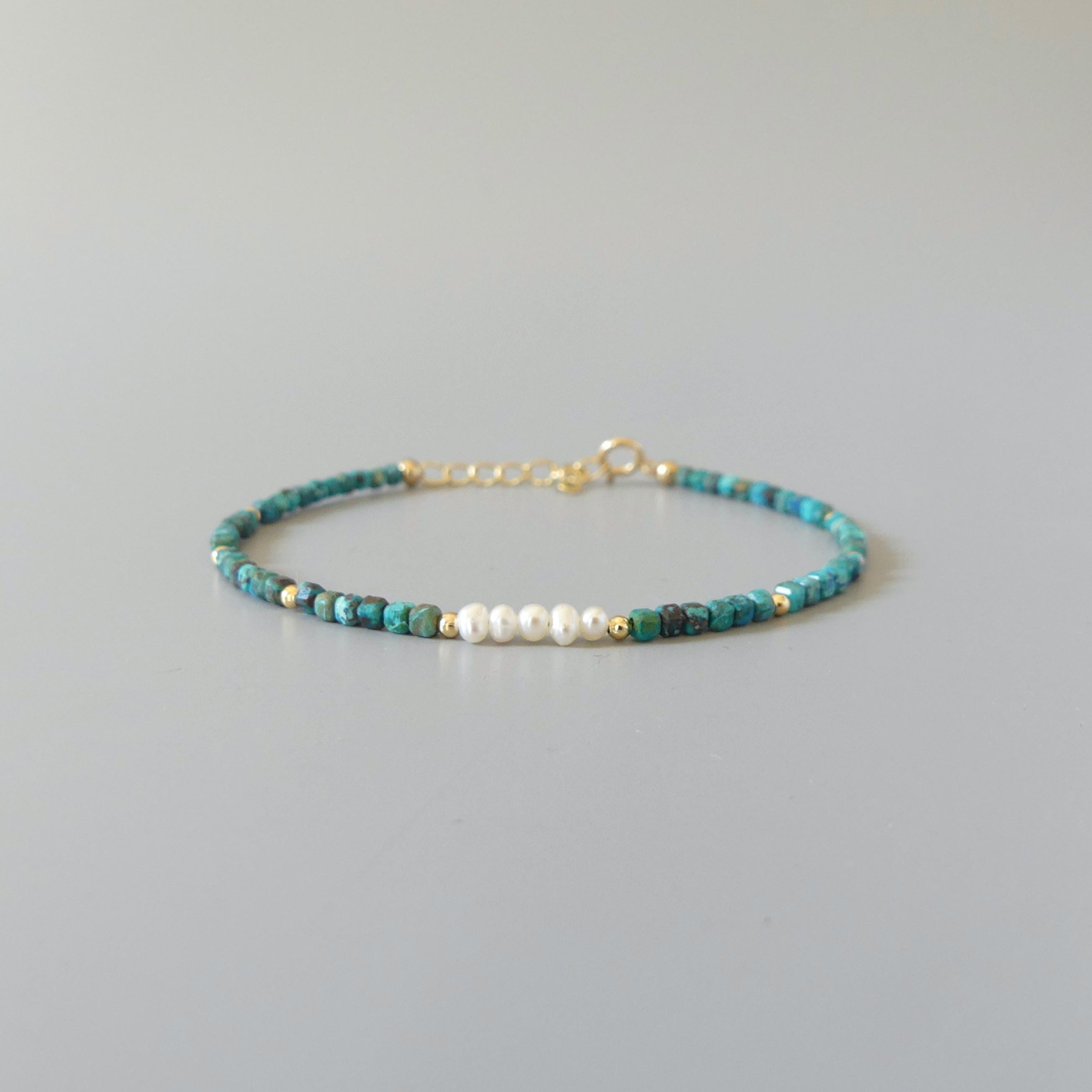Tiny Chrysocolla Bracelet Pearl Dainty Bracelet Gemstone Beaded Jewelry Minimalist Teal Crystal Bracelet Birthday Gift Mom Wife Gift Sister