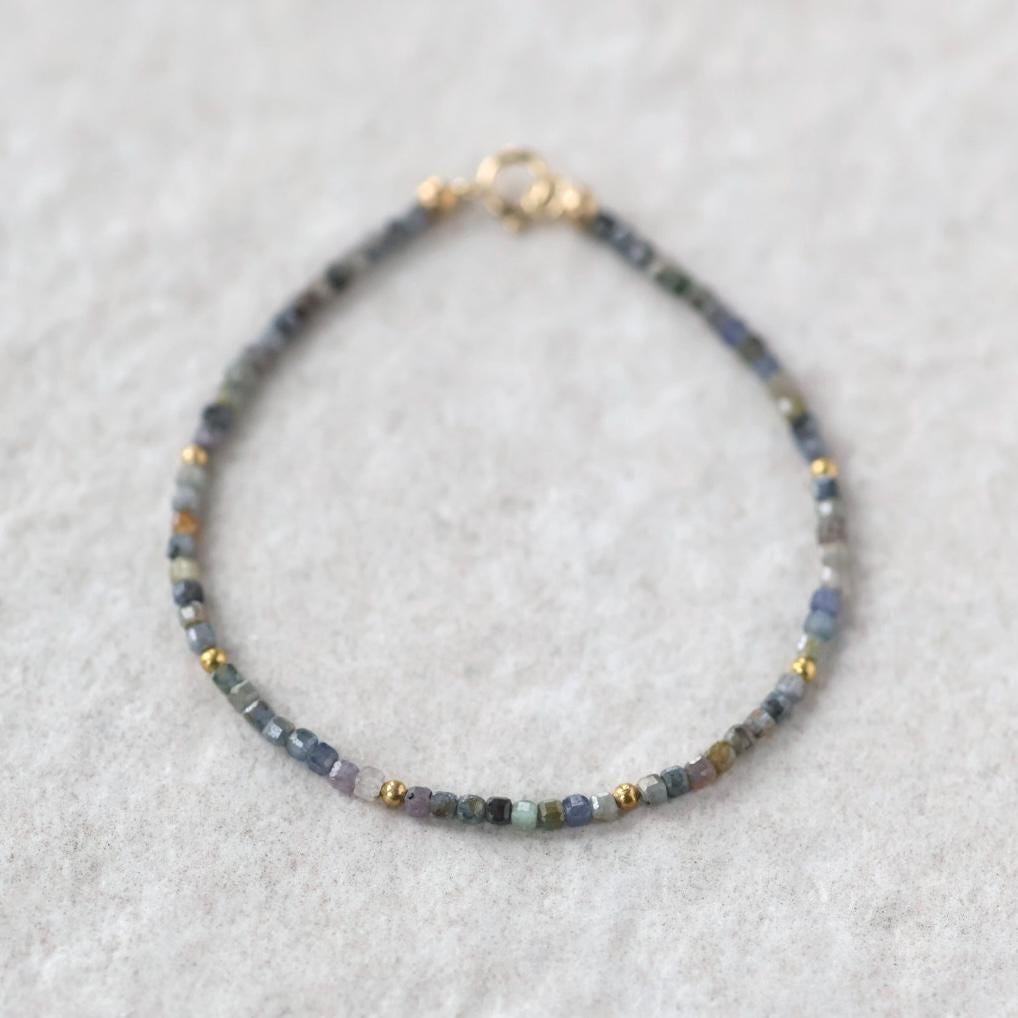 Tiny Multi Sapphire Bracelet Dainty Gemstone Beaded Bracelet Colorful Skinny Jewelry Minimalist September Birthstone Birthday Gift for Women