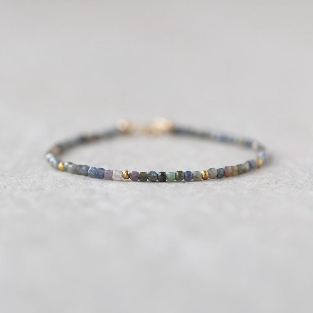 Tiny Multi Sapphire Bracelet Dainty Gemstone Beaded Bracelet Colorful Skinny Jewelry Minimalist September Birthstone Birthday Gift for Women