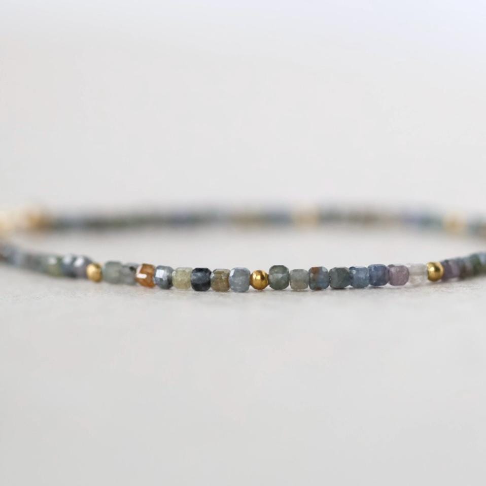 Tiny Multi Sapphire Bracelet Dainty Gemstone Beaded Bracelet Colorful Skinny Jewelry Minimalist September Birthstone Birthday Gift for Women