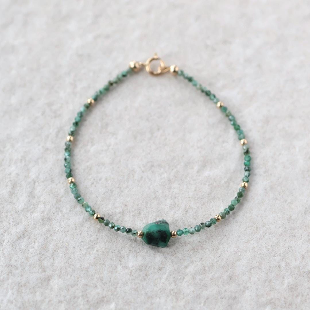 Tiny Emerald Bracelet Dainty Gemstone Beaded Jewelry Green Crystal Bracelet Minimalist May Birthstone Birthday Gift 20th Anniversary Wife