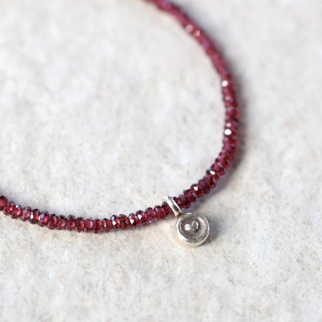 Tiny Garnet Bracelet with Silver Heart Charm