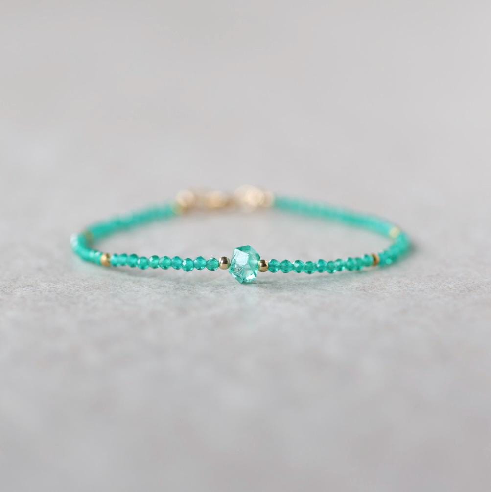Tiny Green Onyx and Herkimer Diamond Bracelet