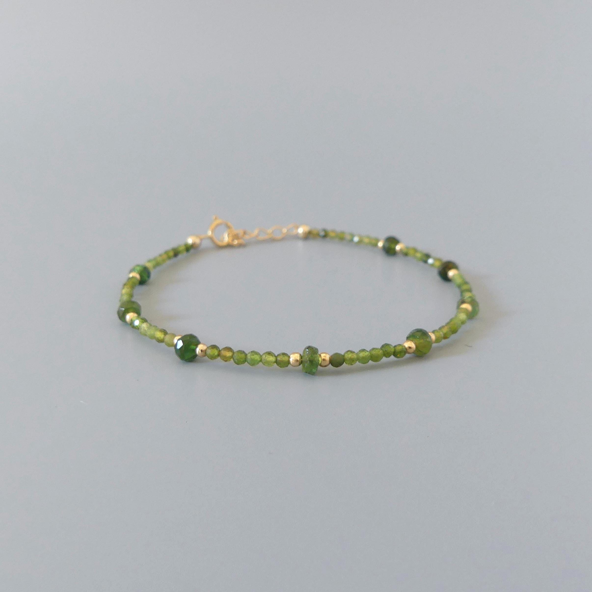 Tiny Green Tourmaline Bracelet Dainty Gold Filled Beaded Bracelet Green Crystal Minimalist Everyday Jewelry October Birthstone Gift Women