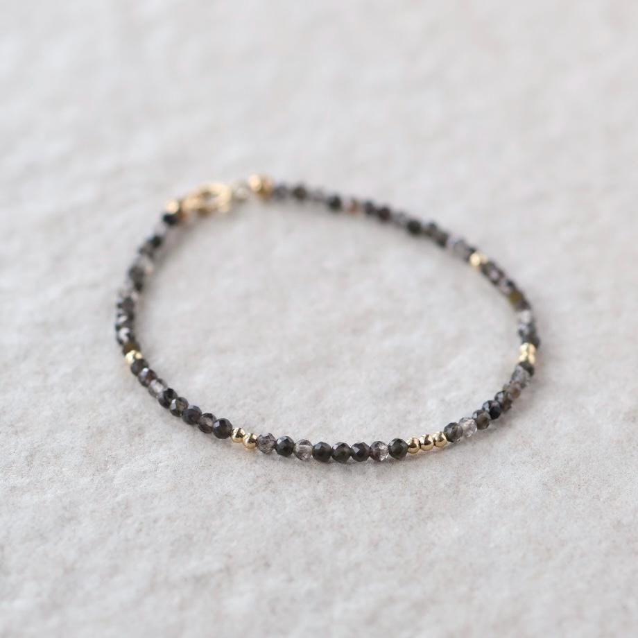 Tiny Obsidian Bracelet Dainty Sparkly Gemstone Beaded Bracelet Minimalist Black Crystal Bracelet Protection Birthday Gift Christmas Mom Wife