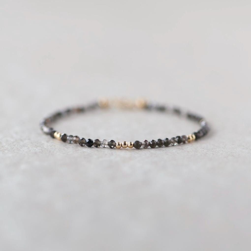 Tiny Obsidian Bracelet Dainty Sparkly Gemstone Beaded Bracelet Minimalist Black Crystal Bracelet Protection Birthday Gift Christmas Mom Wife