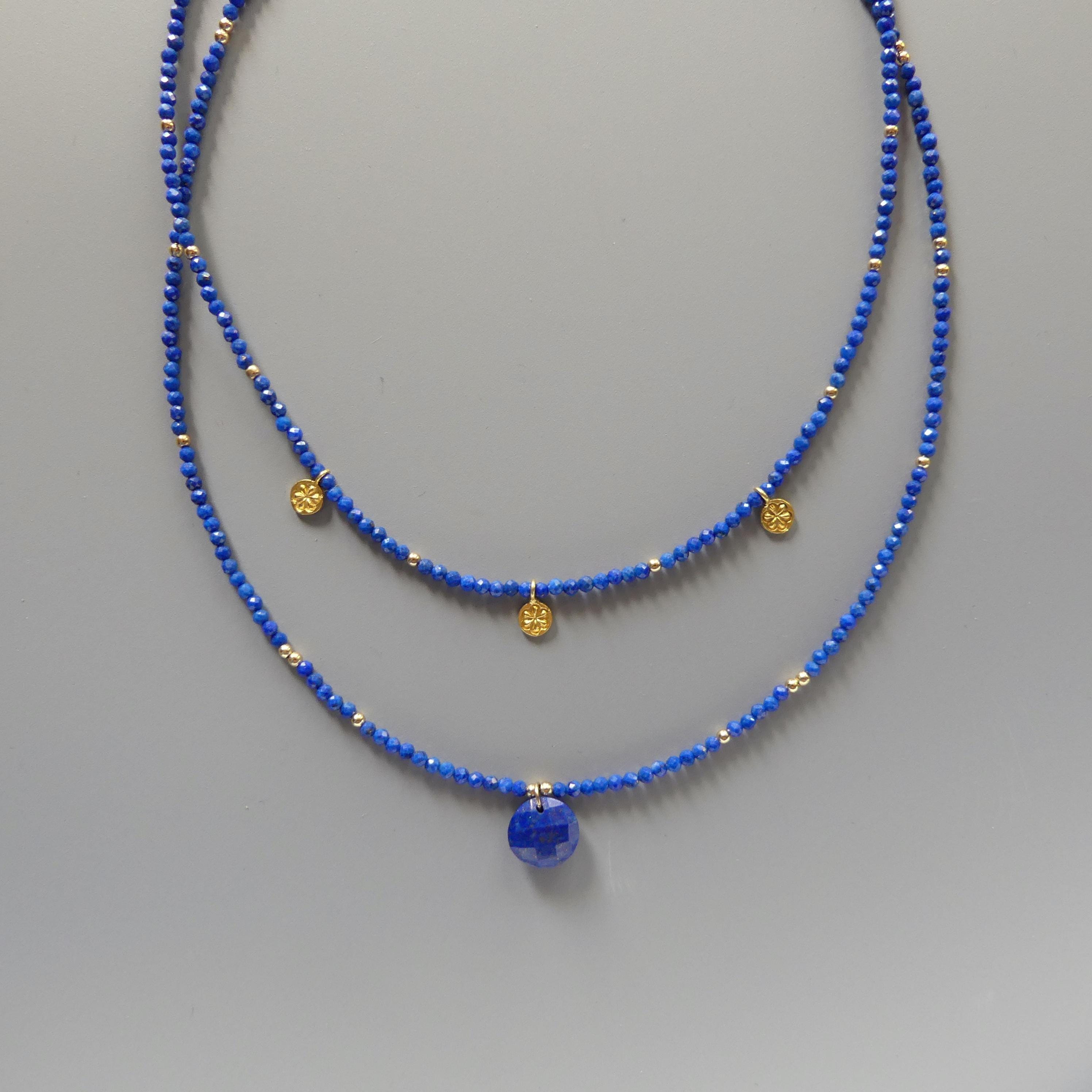 Tiny Lapis Beaded Necklace with Daisy Pendants