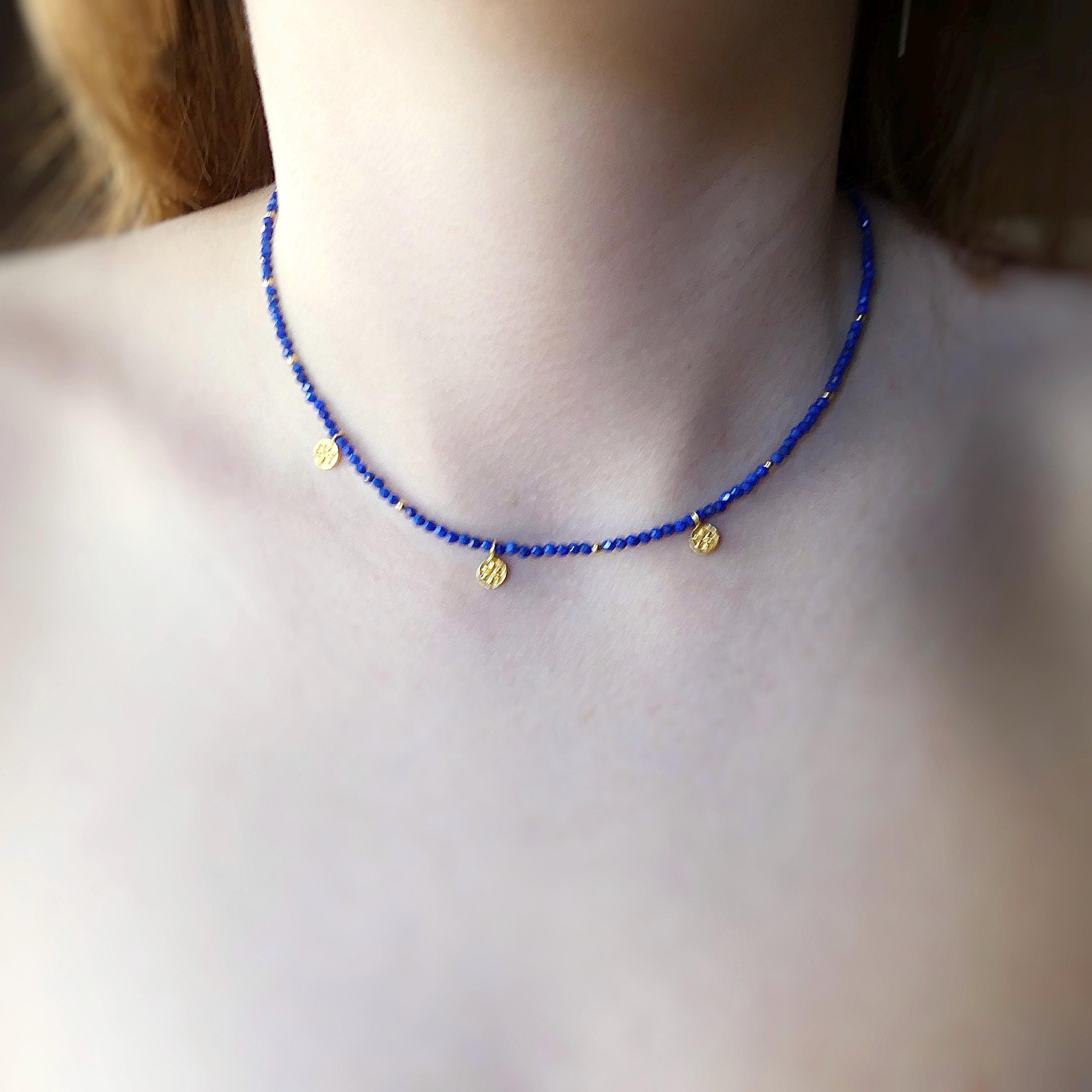 Tiny Lapis Beaded Necklace with Daisy Pendants