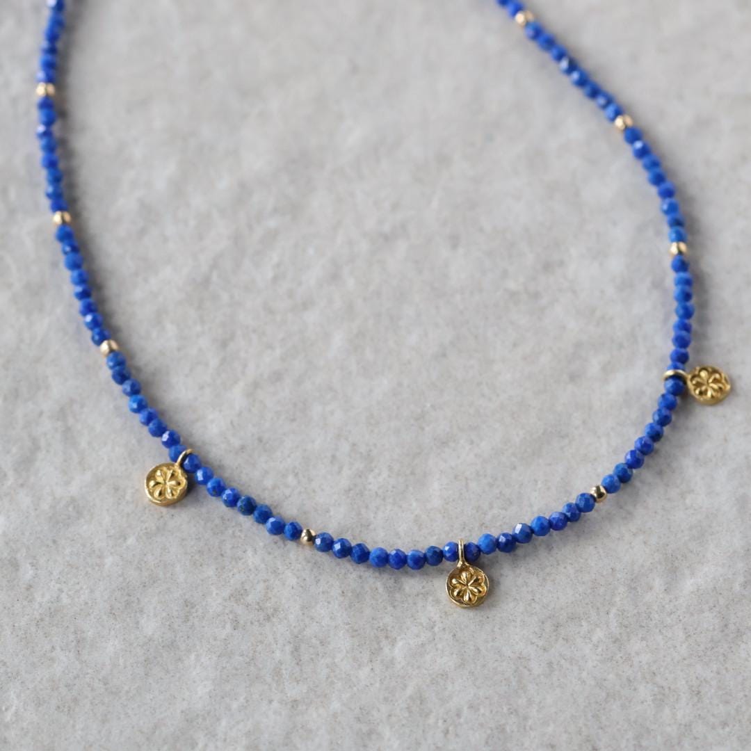 Tiny Lapis Beaded Necklace with Daisy Pendants