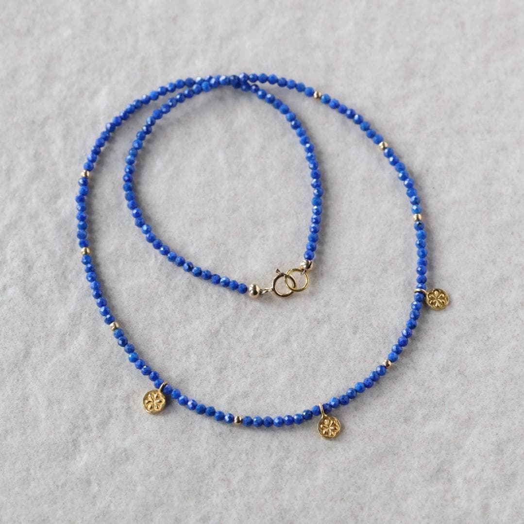 Tiny Lapis Beaded Necklace with Daisy Pendants