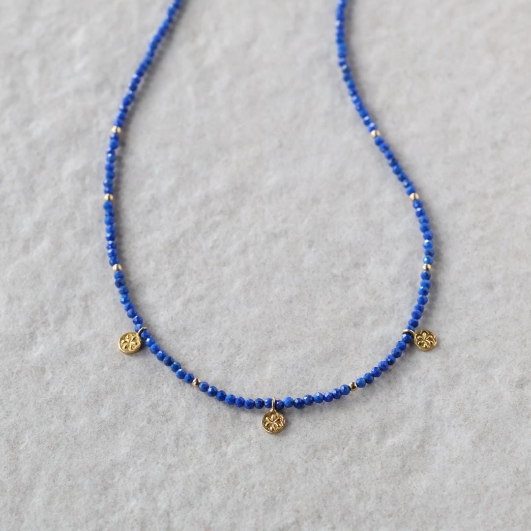 Tiny Lapis Beaded Necklace with Daisy Pendants