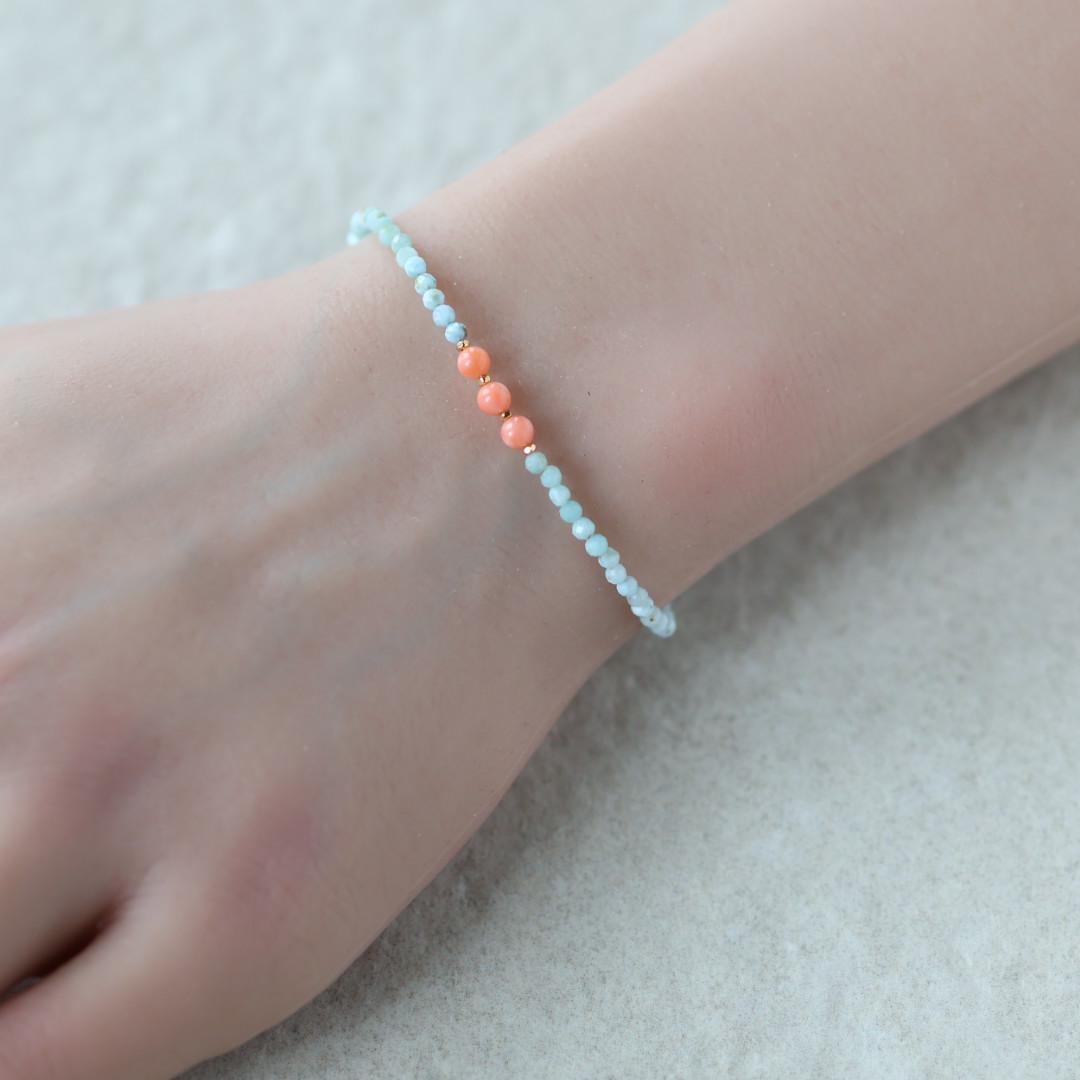 Tiny Larimar Coral Bracelet Dainty Gemstone Beaded Bracelet Minimalist Beach Stacking Crystal Jewelry Birthday Gift for Wife Mom Bridesmaid