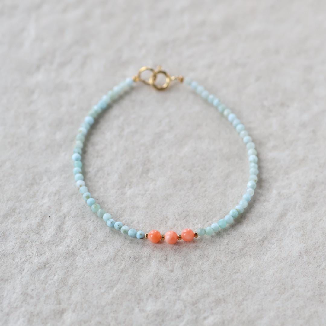 Tiny Larimar Coral Bracelet Dainty Gemstone Beaded Bracelet Minimalist Beach Stacking Crystal Jewelry Birthday Gift for Wife Mom Bridesmaid