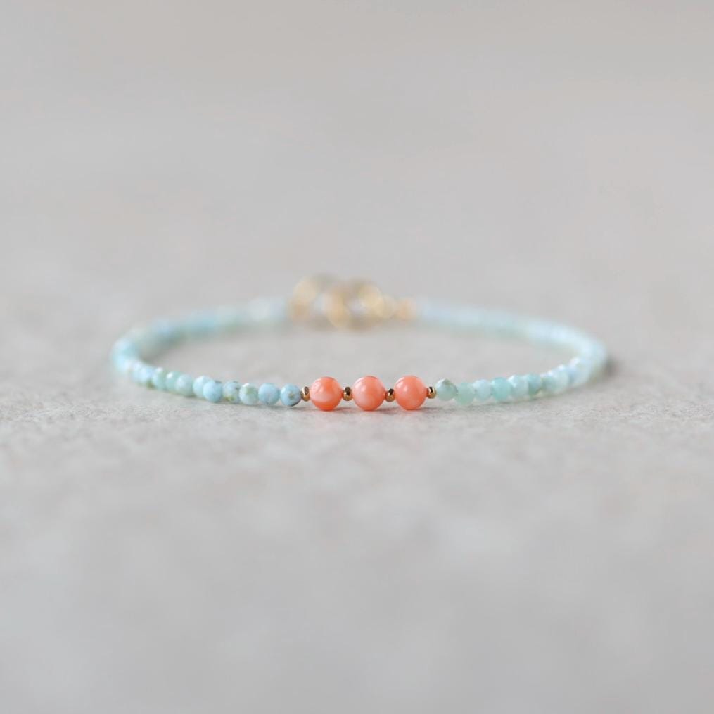 Tiny Larimar Coral Bracelet Dainty Gemstone Beaded Bracelet Minimalist Beach Stacking Crystal Jewelry Birthday Gift for Wife Mom Bridesmaid