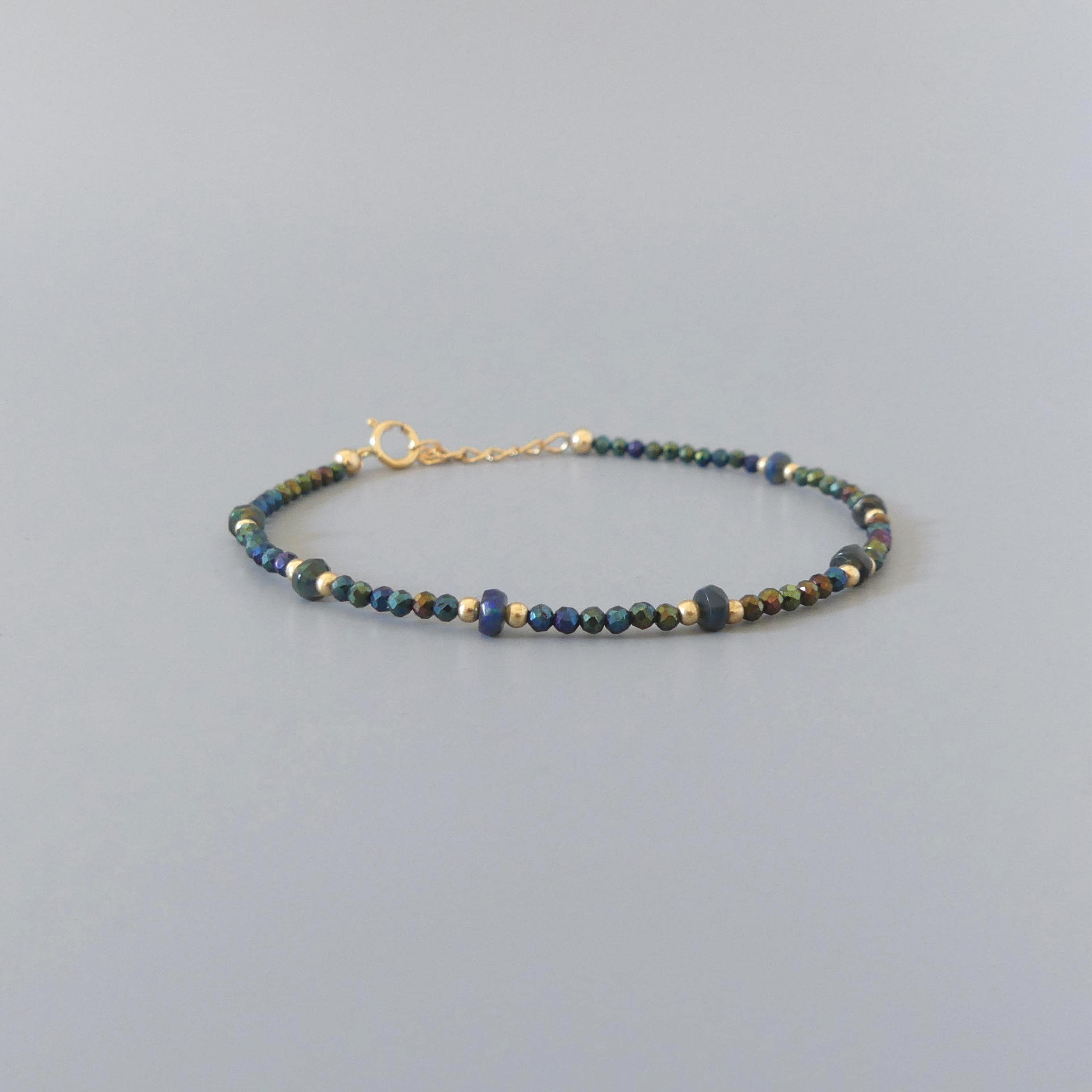 Tiny Mystic Black Spinel Bracelet Dainty Black Opal Gold Filled Bracelet Sparkly Black Crystal Jewelry Minimalist October Birthstone Gift