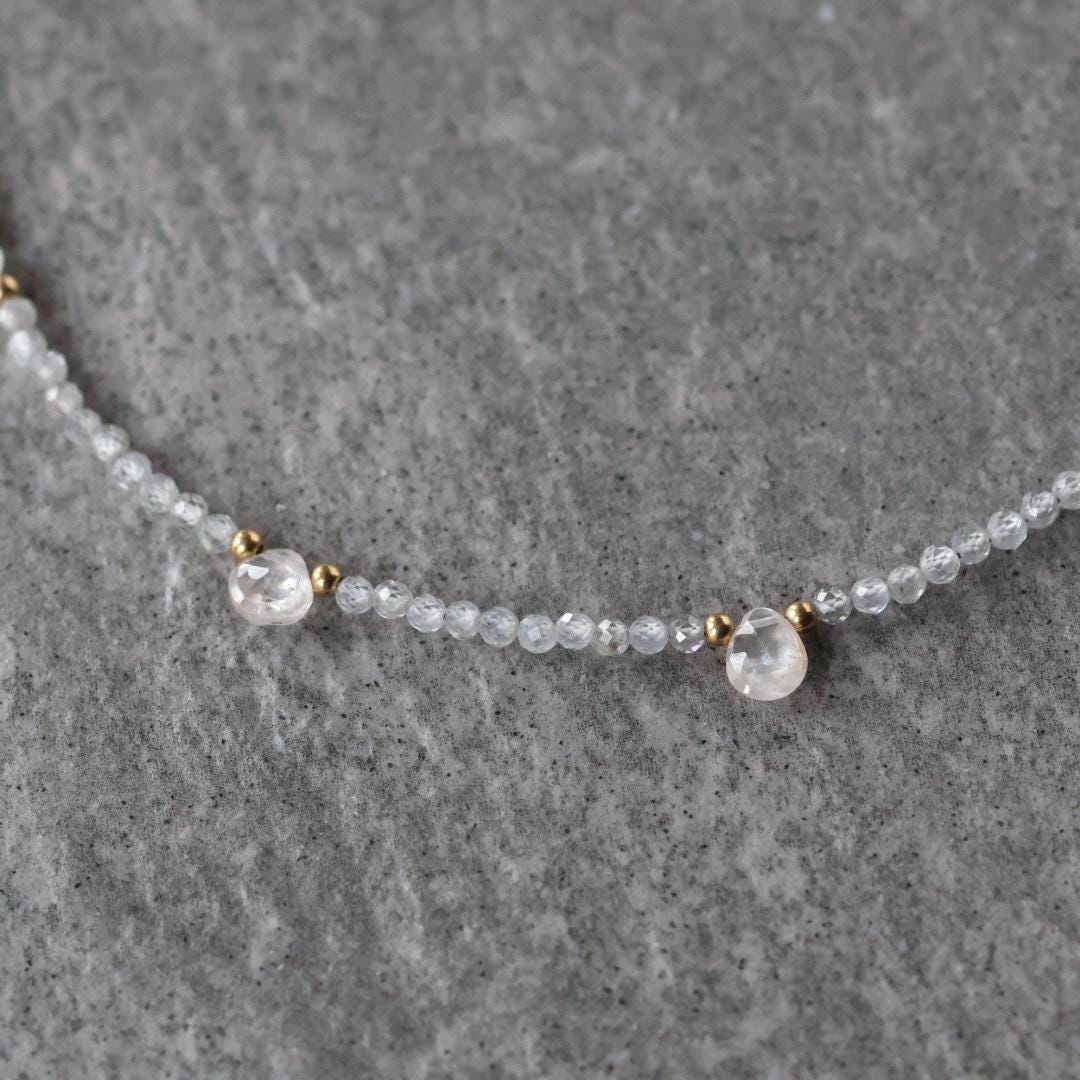 Tiny Natural White Diamond Zircon Beaded Necklace