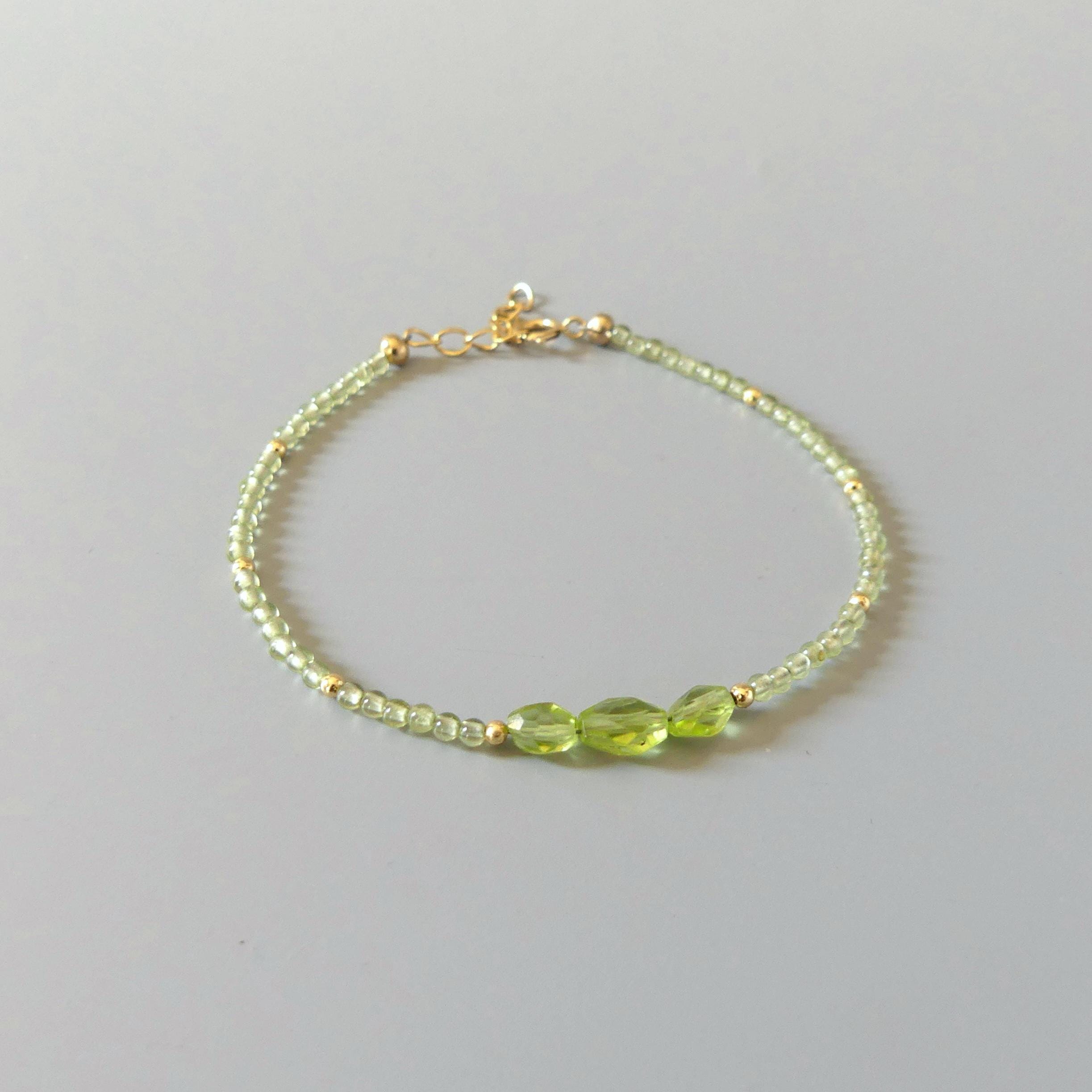 Tiny Peridot Bracelet Dainty Gemstone Beaded Bracelet Green Crystal Jewelry Minimalist August Birthstone Birthday Gift Mom Wife Sister
