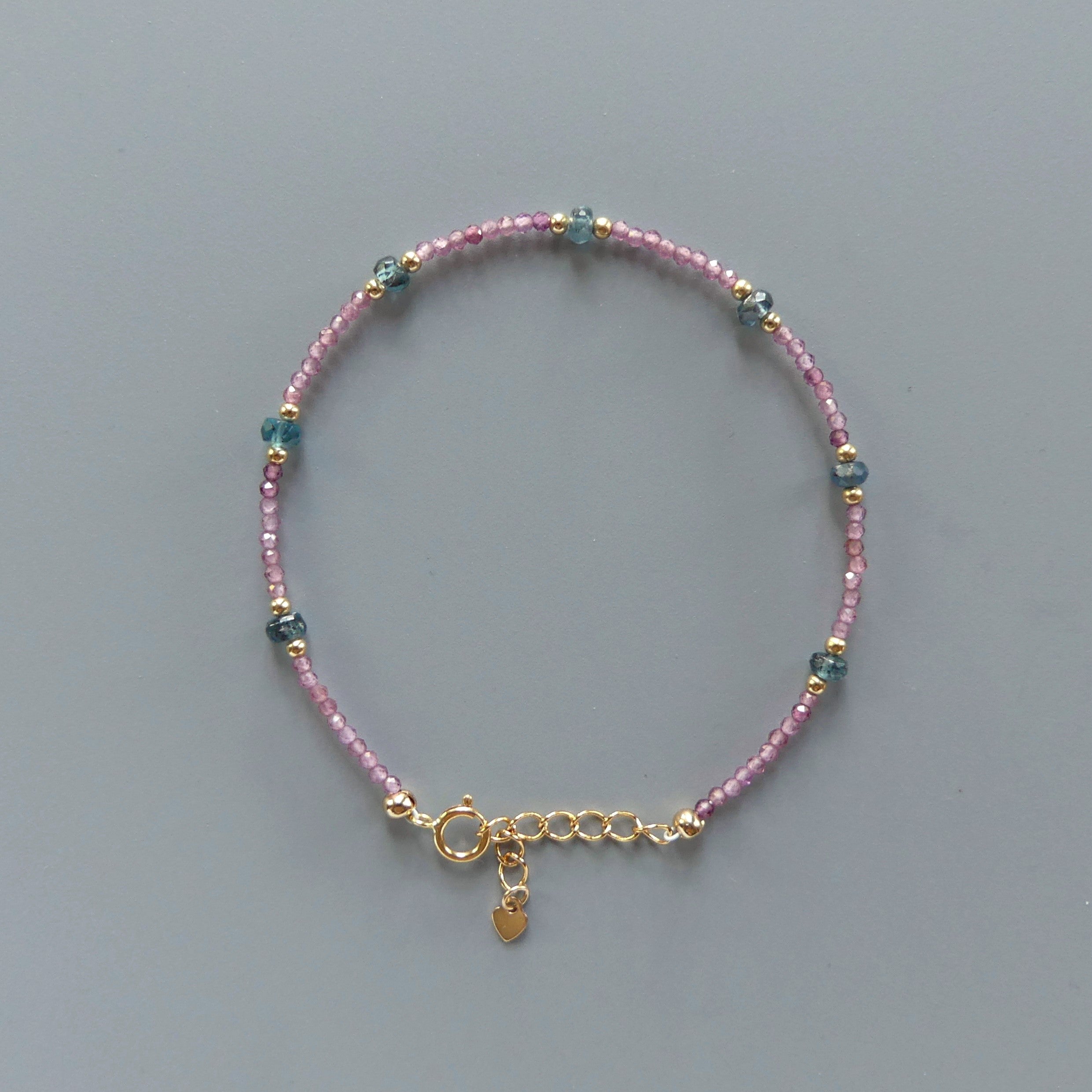 Tiny Teal Kyanite Bracelet Dainty Pink Garnet Gold Filled Beaded Bracelet Minimalist Jewelry Everyday Thin Bracelet Birthday Gift for Women