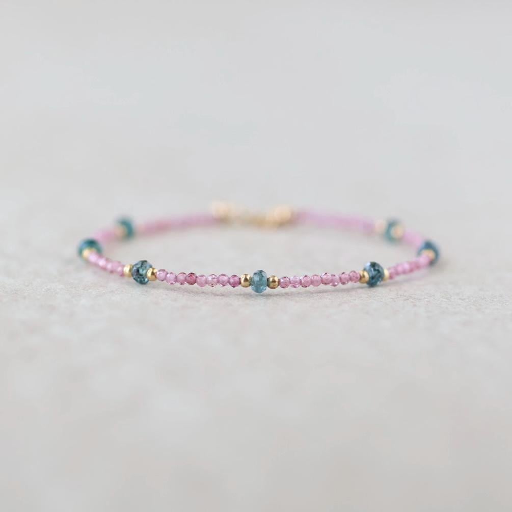 Tiny Teal Kyanite and Pink Garnet Bracelet
