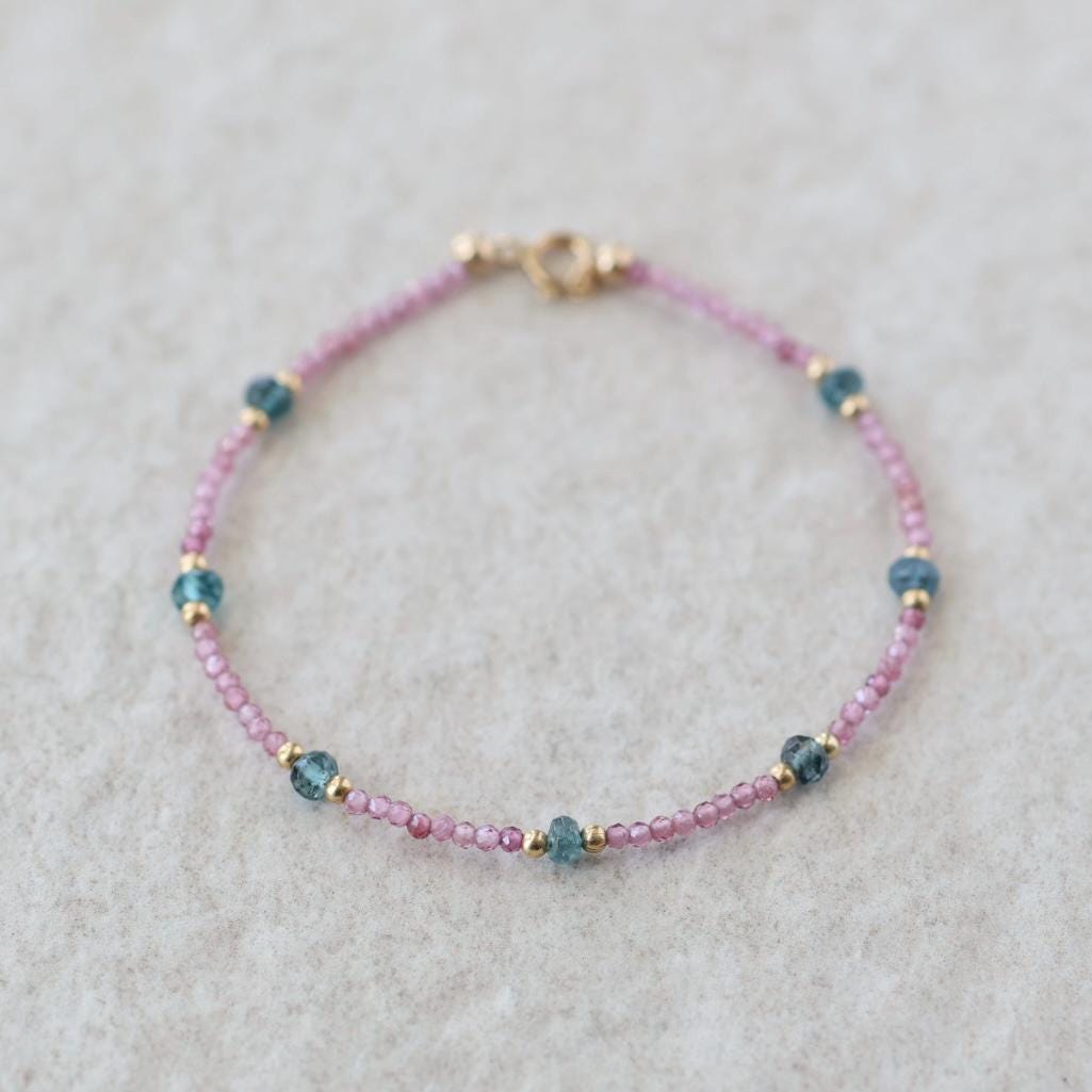 Tiny Teal Kyanite and Pink Garnet Bracelet