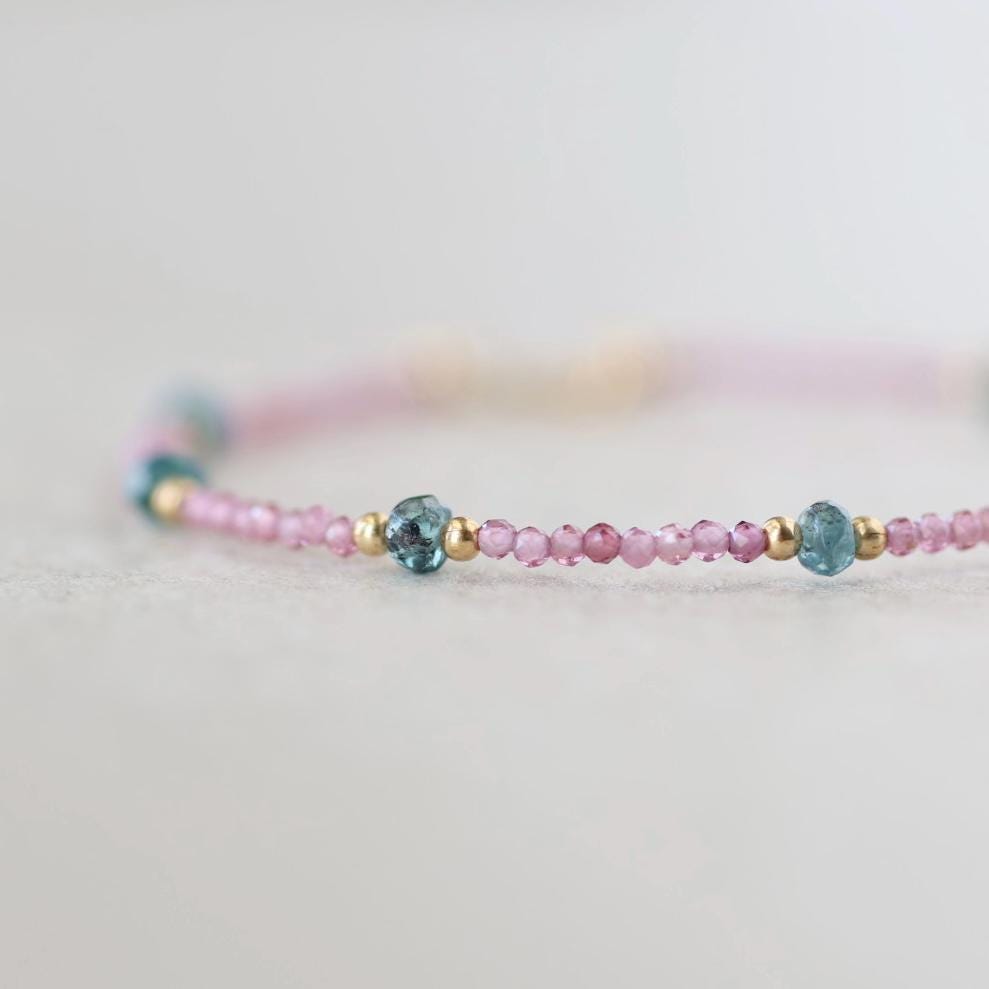 Tiny Teal Kyanite and Pink Garnet Bracelet