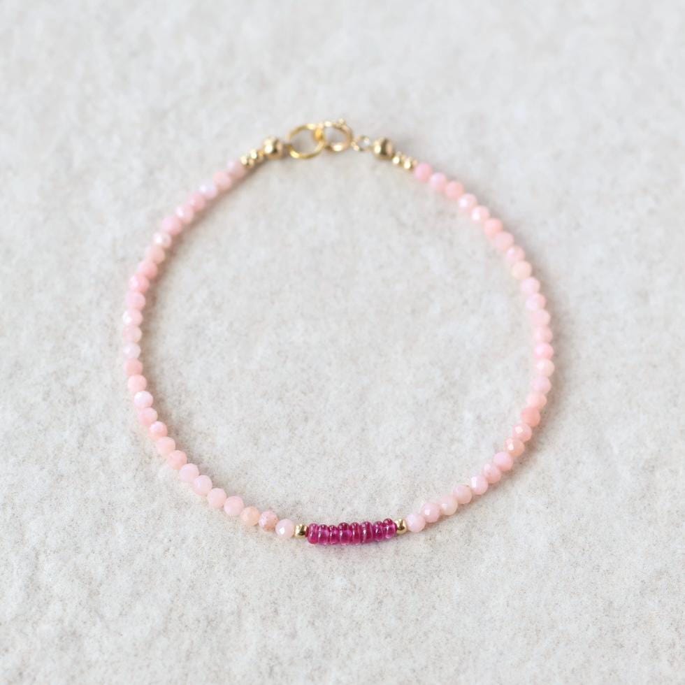 Tiny Pink Opal and Ruby Bracelet