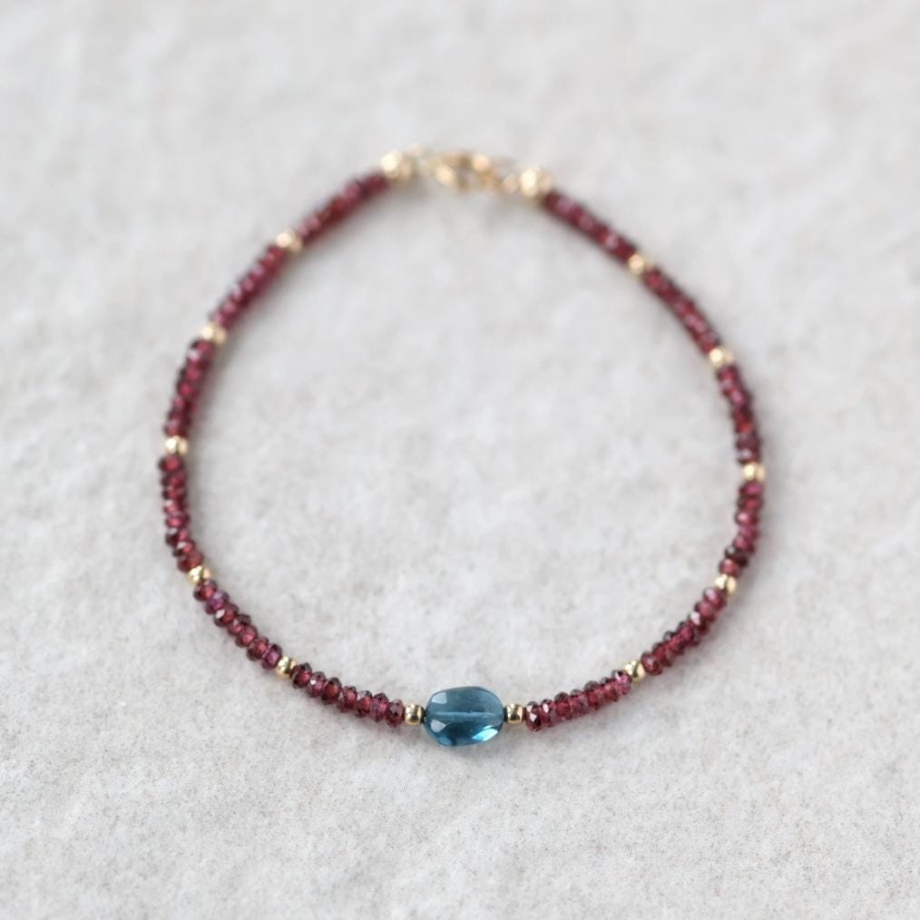 Tiny Garnet Bracelet Dainty London Blue Topaz Gemstone Beaded Bracelet Crystal Minimalist Jewelry January Birthstone December Gift for Women