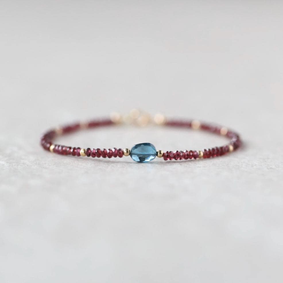 Tiny Garnet Bracelet Dainty London Blue Topaz Gemstone Beaded Bracelet Crystal Minimalist Jewelry January Birthstone December Gift for Women