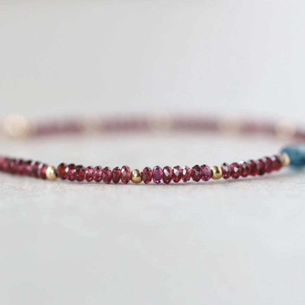 Tiny Garnet Bracelet Dainty London Blue Topaz Gemstone Beaded Bracelet Crystal Minimalist Jewelry January Birthstone December Gift for Women