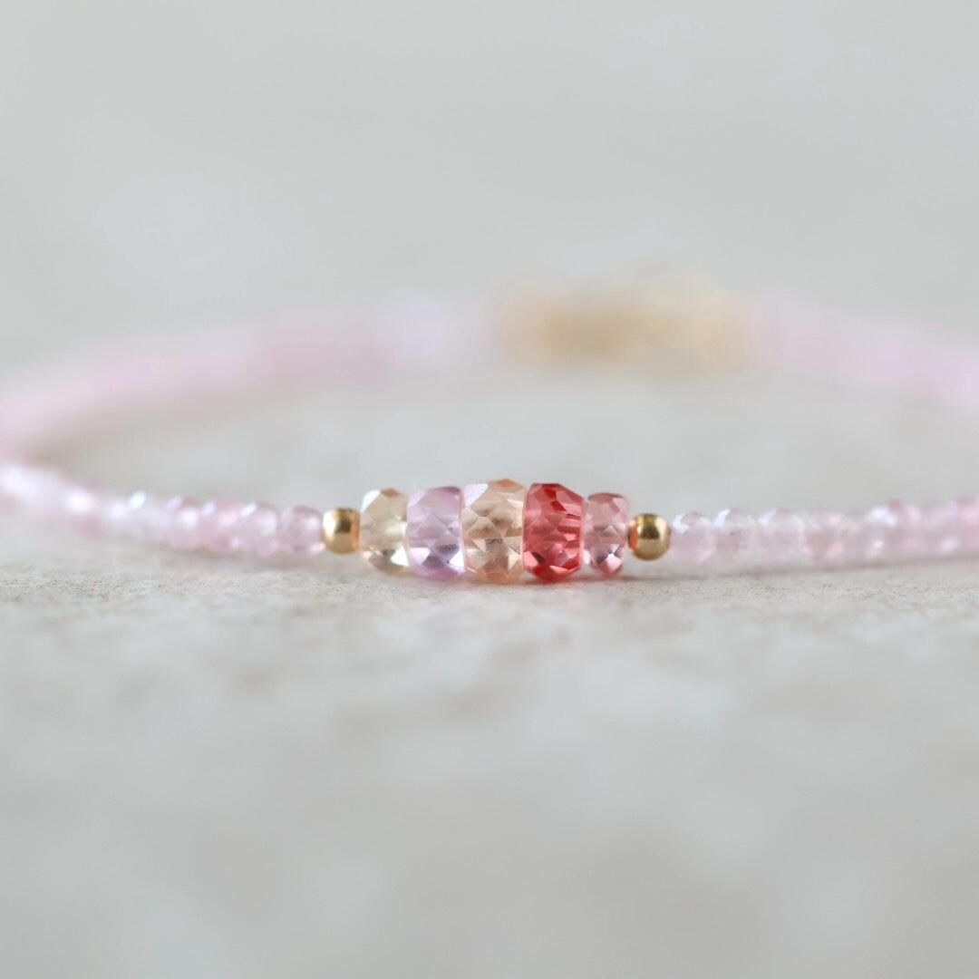 Tiny Pink Sapphire Bracelet Rose Quartz Dainty Gemstone Beaded Bracelet Crystal Minimalist Jewelry September Birthstone Gift for Women Wife