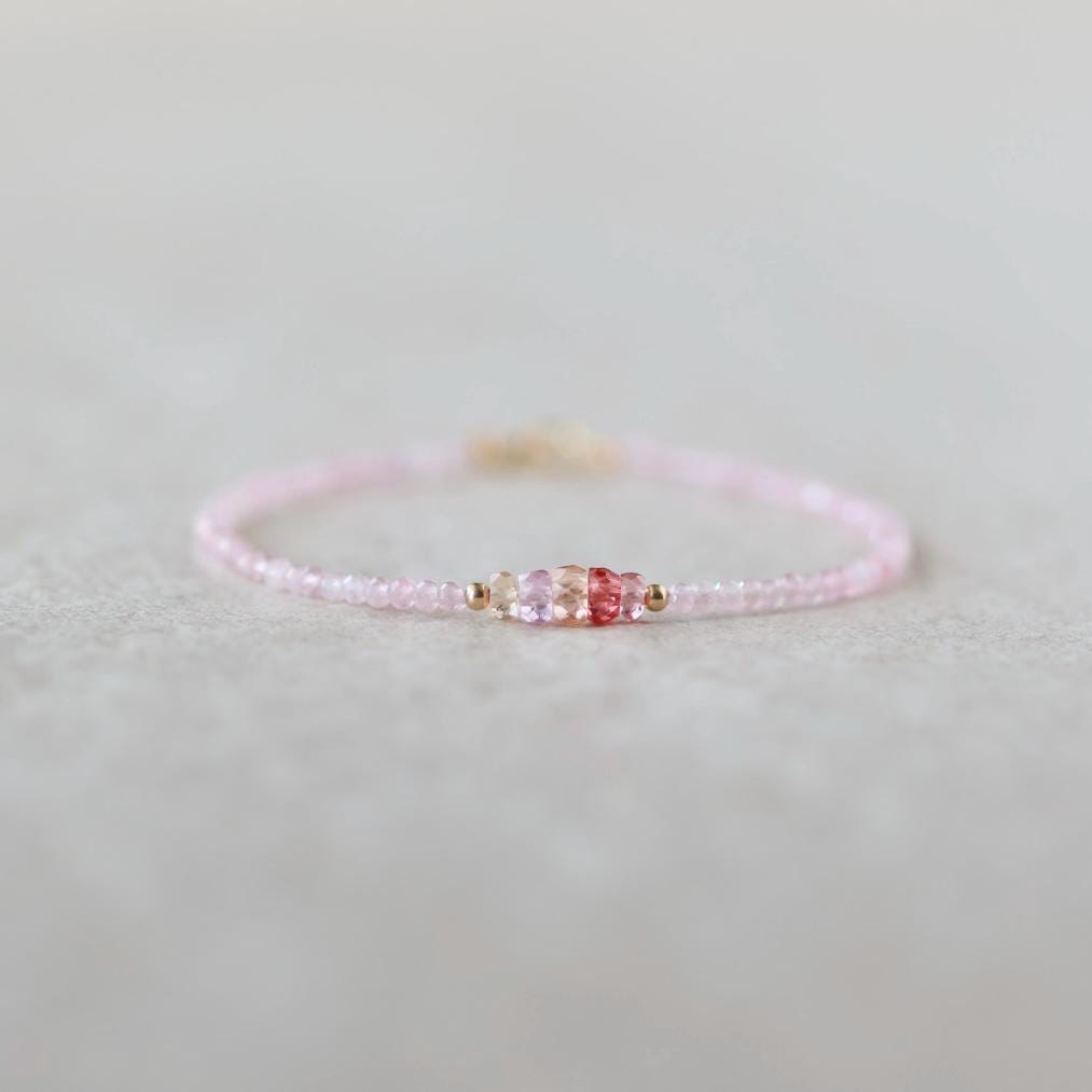 Tiny Pink Sapphire Bracelet Rose Quartz Dainty Gemstone Beaded Bracelet Crystal Minimalist Jewelry September Birthstone Gift for Women Wife